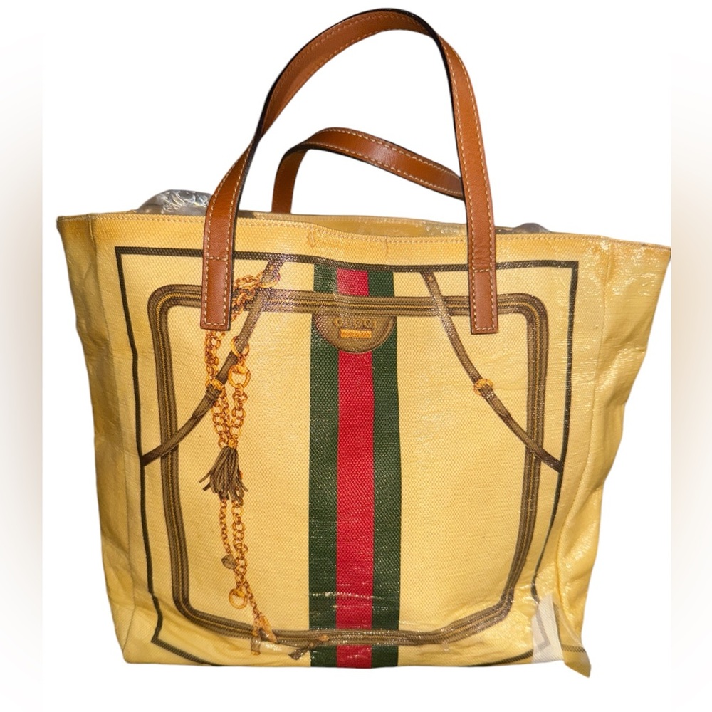 Vintage GUCCI Bag Ladies Tote Bag Shelly Line Coated Canvas Yellow pre- owned - Picture 2 of 14